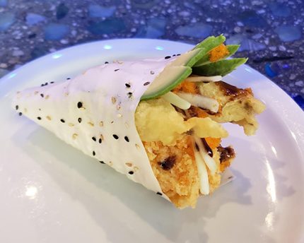 Cucumber, avocado, a crunchy shrimp blend with spicy mayo, sweet sauce and chilly oil, wrapped in soy paper.