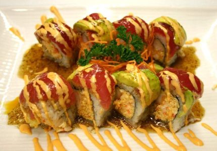 Inside: shrimp tempura and spicy crab
Outside: fresh tuna and avocado, drizzled with ichi sauce and spicy mayo
