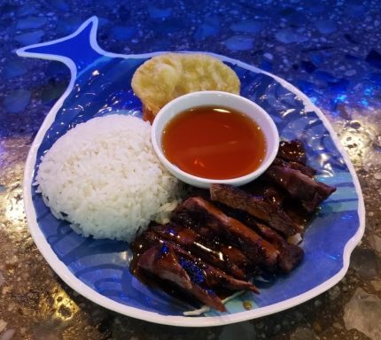 Served with rice and two pieces of sweet potato tempura