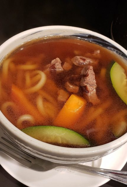 Large udon noodles in a light broth and assorted vegetables.

Grilled beef, chicken, or shrimp available!