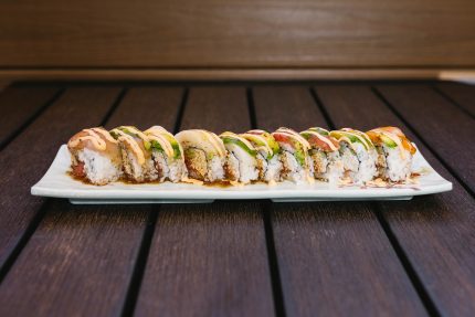 Inside: spicy tuna, crab meat, avocado and cucumber
Outside: four different kinds of fresh fish