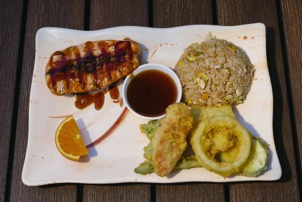 A generous portion of fresh grilled salmon. All entrees served with salad, steamed rice, and assorted steamed vegetables or vegetable tempura.