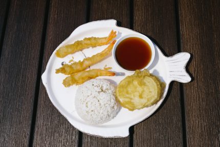 Served with steamed rice and two pieces of sweet potato tempura