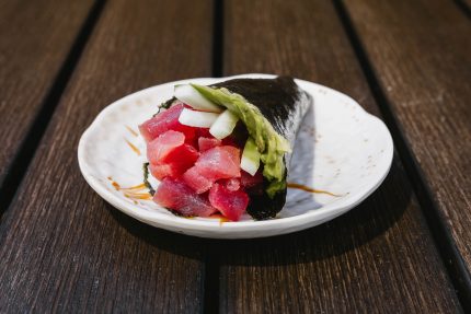 Served in seaweed with a rice wrap.

Soy paper substitution is 1.00 extra